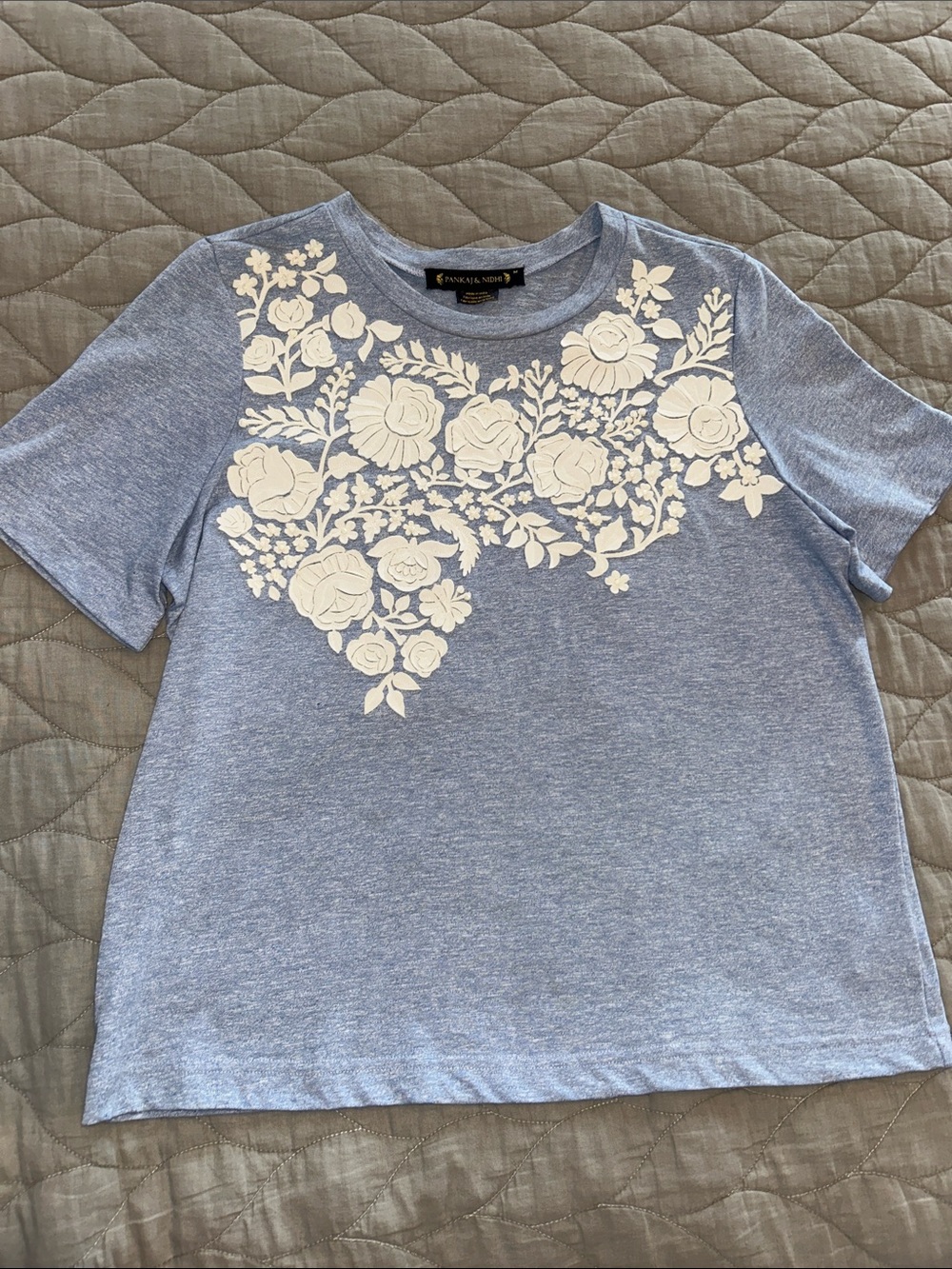 Pankaj & Nidhi Blue/White Appliquéd Flowers with Sequins  T-Shirt